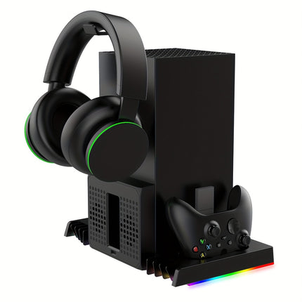 Soporte de Enfriamiento para Xbox Series X con Carga para Controlador, Luz RGB, Ventiladores Dobles y Soporte para Auriculares.