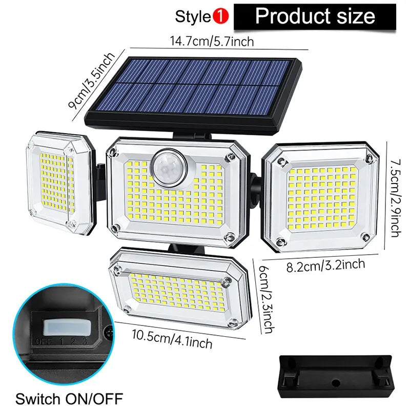 Lámpara Solar 20W 122/333 LED IP65 Impermeable para Jardín Exterior/Interior con Cabezal Ajustable y Ángulo Amplio de Iluminación en 3 Modos