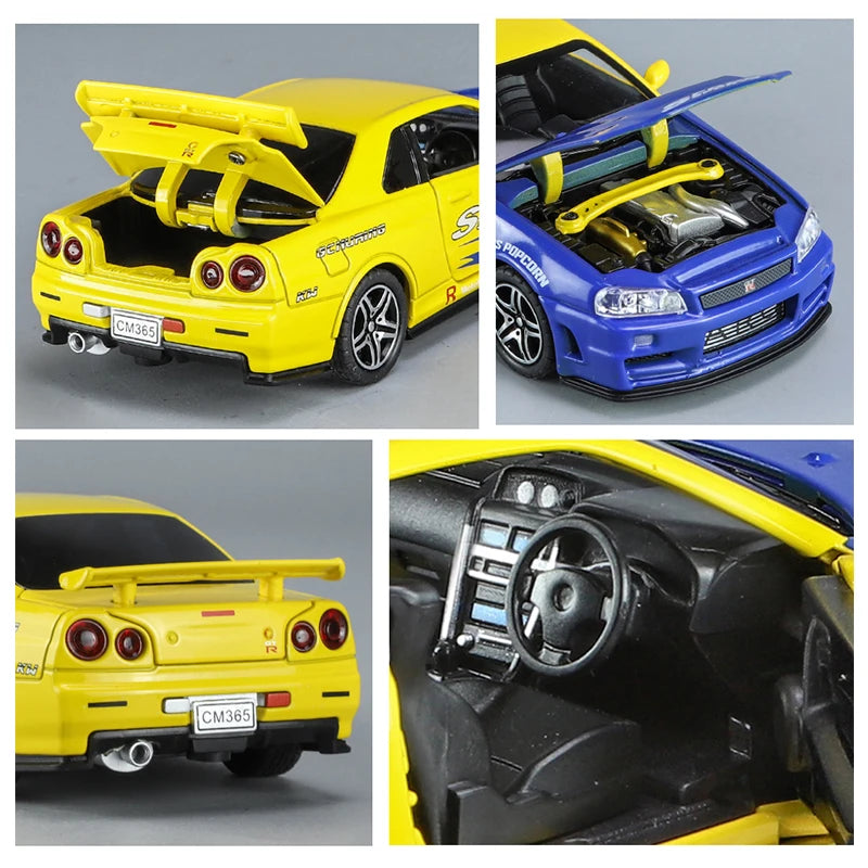 Nissan Skyline GT-R R34 1:32 - Modelo de Coche Deportivo de Colección en Metálica, Rápido y Furioso, Juguetes de Decoración para Niños y Fans