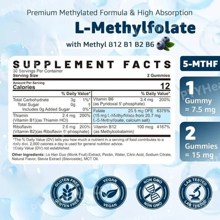 Gomitas de L-Metilfolato 5-MTHF con Metil B12, B1, B2, B6, Complejo B, Vitaminas, Apoyo Nutricional Diario General