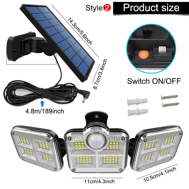 Lámpara Solar 20W 122/333 LED IP65 Impermeable para Jardín Exterior/Interior con Cabezal Ajustable y Ángulo Amplio de Iluminación en 3 Modos