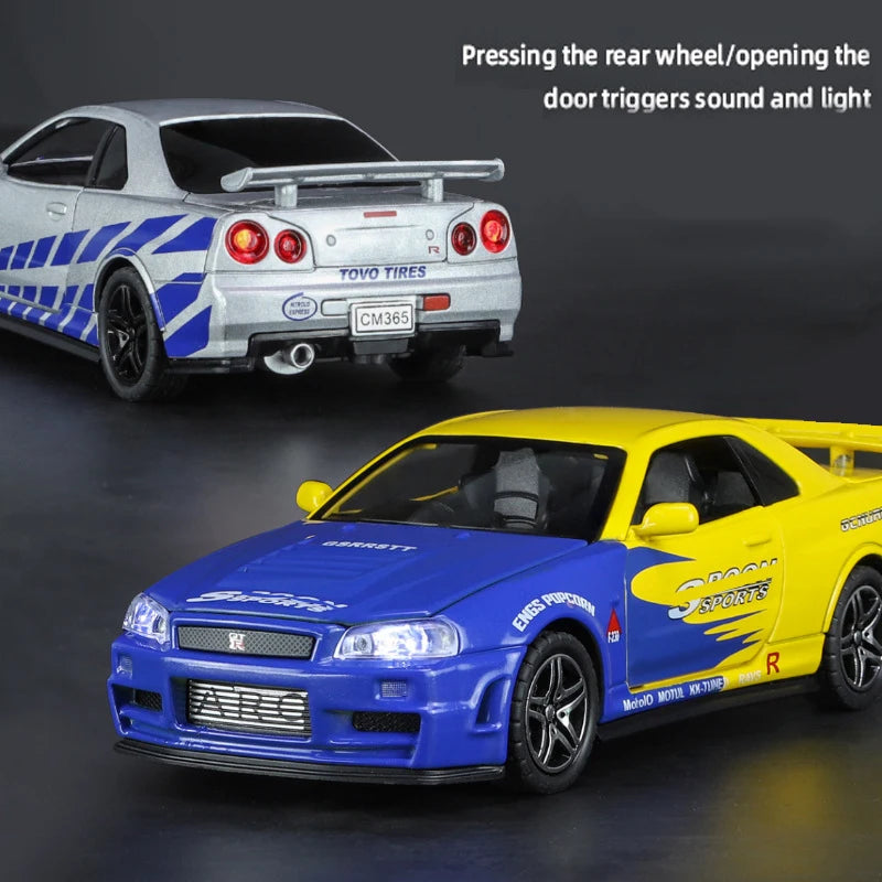 Nissan Skyline GT-R R34 1:32 - Modelo de Coche Deportivo de Colección en Metálica, Rápido y Furioso, Juguetes de Decoración para Niños y Fans