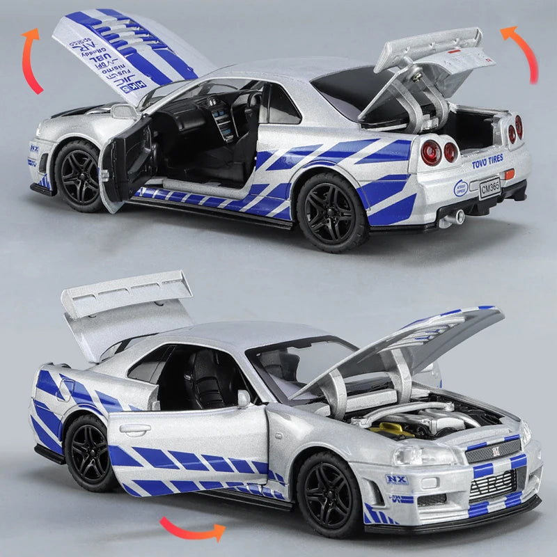 Nissan Skyline GT-R R34 1:32 - Modelo de Coche Deportivo de Colección en Metálica, Rápido y Furioso, Juguetes de Decoración para Niños y Fans