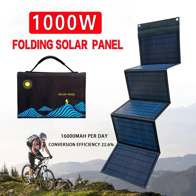 Panel Solar Portátil Plegable de 1000W con Salidas USB+DC: Cargador Solar Exterior para Generador de Energía, Hogar y Teléfonos Móviles