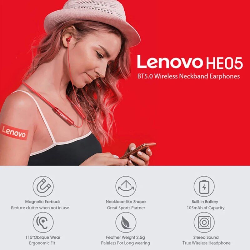 Audífonos Bluetooth Lenovo HE05: POR MAYOR (5-10  UNIDADES) Resistentes al Agua, Deportivos con Micrófono y Sonido Potente para Correr y Moda Musical /Todos Los Colores!