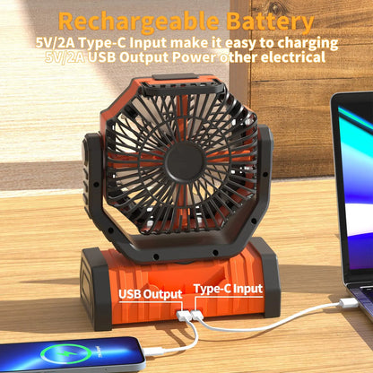 Ventilador portátil recargable por USB para camping de 20000mAh y 10000mAh con circulación de aire inalámbrica, rotación de cabeza de 270° y gancho para tienda de campaña