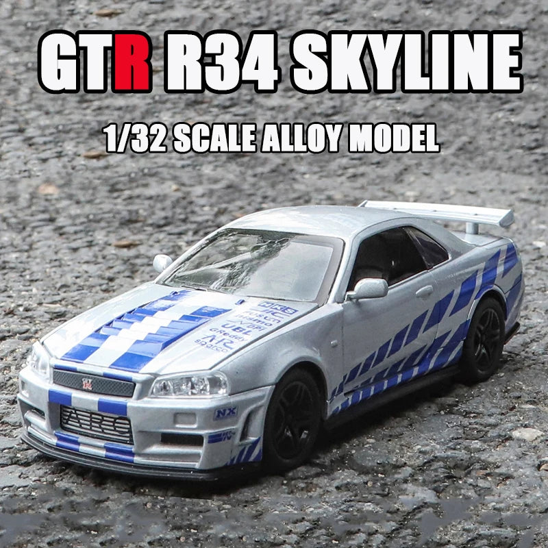 Nissan Skyline GT-R R34 1:32 - Modelo de Coche Deportivo de Colección en Metálica, Rápido y Furioso, Juguetes de Decoración para Niños y Fans