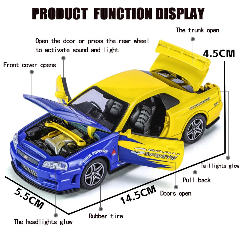 Nissan Skyline GT-R R34 1:32 - Modelo de Coche Deportivo de Colección en Metálica, Rápido y Furioso, Juguetes de Decoración para Niños y Fans