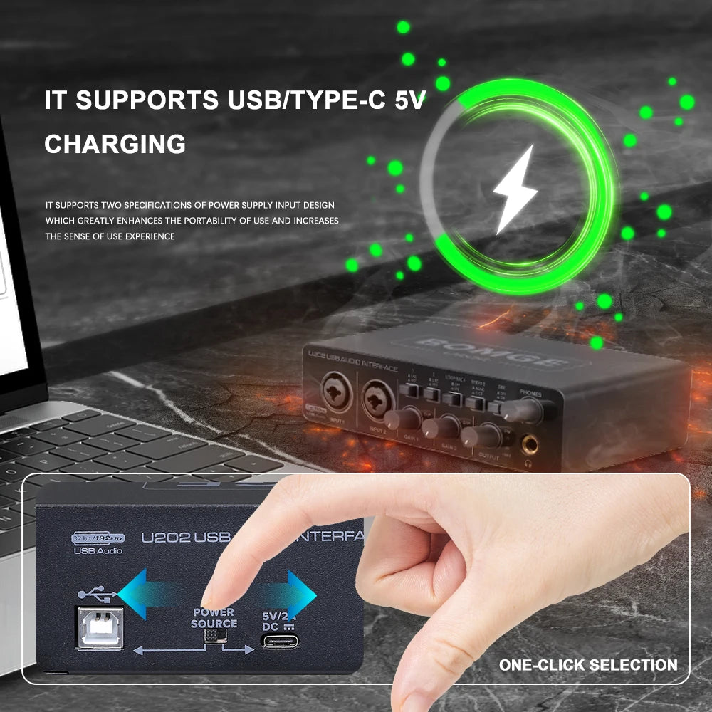 BOMGE U202: Interfaz de Audio USB Profesional para Grabación y Streaming, Sonido de alta calidad para creadores de contenido