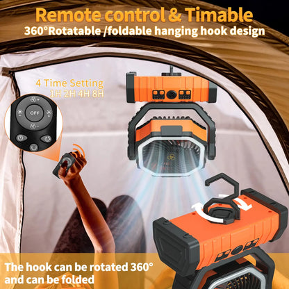 Ventilador portátil recargable por USB para camping de 20000mAh y 10000mAh con circulación de aire inalámbrica, rotación de cabeza de 270° y gancho para tienda de campaña