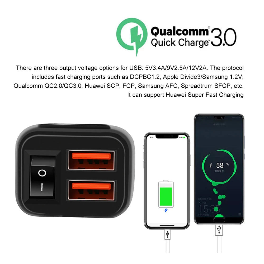 Cargador rápido USB para motocicleta PD QC3.0 a prueba de agua, puerto tipo C, conector para celular, con voltímetro digital para celular