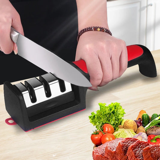 Afilador de cuchillos de cocina multifuncional portátil de 3/4 segmentos - Piedra de afilar negra